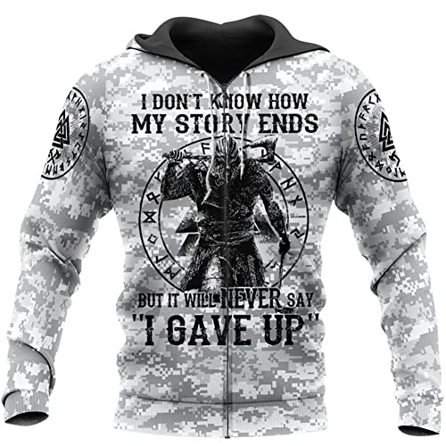 MYZTTZR Never not give up Zipper,3XL, Wikinger Odin Pullover mit Kapuze, 3D Gedruckt Frühling Herbst Lange Ärmel Lässig Walhalla Jacke(USA Größe) von MYZTTZR