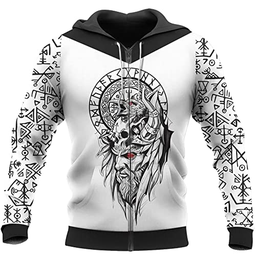 MYZTTZR Odin god Zipper,XXL, Wikinger Odin Pullover mit Kapuze, 3D Gedruckt Frühling Herbst Lange Ärmel Lässig Walhalla Jacke(USA Größe) von MYZTTZR