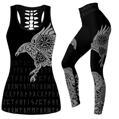 MYZTTZR Raven set,S, Damen Wikinger Tank Tops Leggings Totenkopf Yoga Outfits 3D-Druck Nordische Mythologie Polyester Workout Activewear von MYZTTZR
