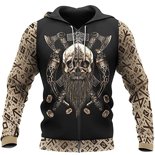MYZTTZR Warrior Axe Zipper,XXL, Wikinger Odin Pullover mit Kapuze, 3D Gedruckt Frühling Herbst Lange Ärmel Lässig Walhalla Jacke(USA Größe) von MYZTTZR