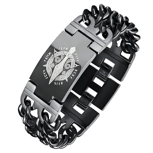 MYZTTZR Wikinger Rostfrei Stahl Jahrgang Rune Schmuck Manschette ArmbäNder FüR MäNner Nordisch Mythologie Kubanisch Totem ZubehöR Geschenk,Gungnir black,21cm von MYZTTZR