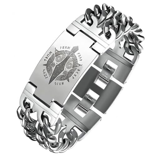 MYZTTZR Wikinger Rostfrei Stahl Jahrgang Rune Schmuck Manschette ArmbäNder FüR MäNner Nordisch Mythologie Kubanisch Totem ZubehöR Geschenk,Gungnir silvery,21cm von MYZTTZR