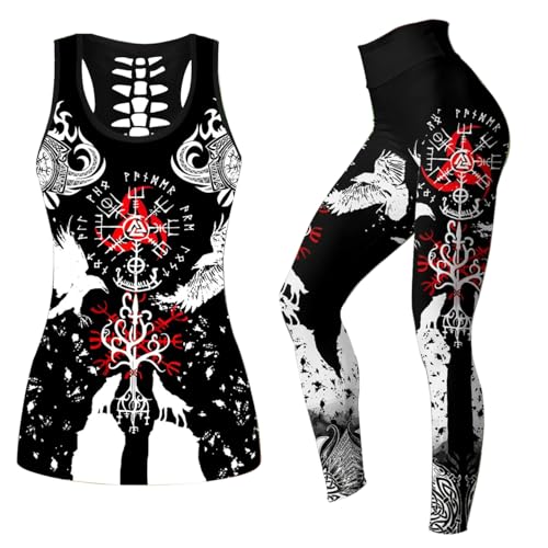 MYZTTZR Yggdrasil set,M, Damen Wikinger Tank Tops Leggings Totenkopf Yoga Outfits 3D-Druck Nordische Mythologie Polyester Workout Activewear von MYZTTZR