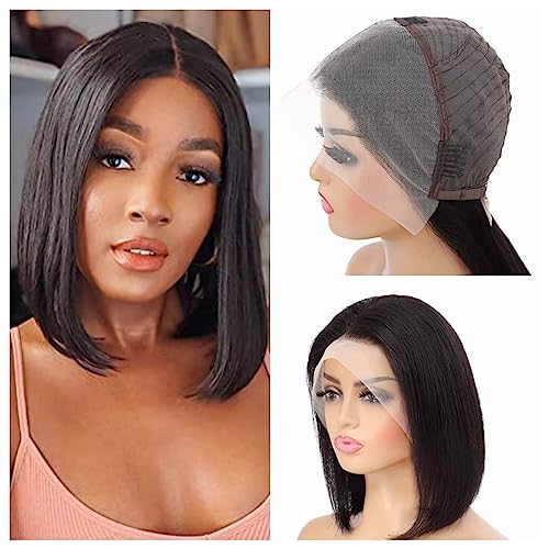 MYouan Glatte Bob-Perücken, Echthaar, 13 x 4, Vollfrontperücke, 180% Dichte, 13 x 4 HD, Unsichtbare Vollspitzenfront, Echthaar-Bob-Perücken für Frauen, Vorgezupft 14 Zoll von MYouan