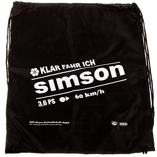 Retro-Sportbeutel - schwarz, mit Kordelzugverschluss - Material: 210D-Polyester - mit Aufdruck: Klar fahre ich SIMSON - 3,6 PS, 60km/h von MZA