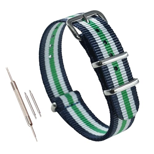 MZBUTIQ 13mm Blau/Weiß/Grün Uhrenarmband Nylon Watch Bracelet Armband Extra Lang Polished Schnalle von MZBUTIQ