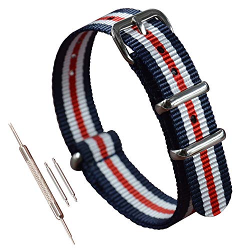 MZBUTIQ 14mm Blau/Weiß/Rot Nylon Strap Uhrenarmband Watch Belt für Herren Damen Polished Schnalle von MZBUTIQ