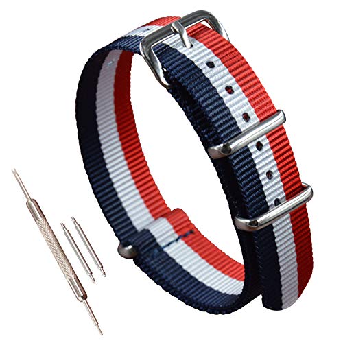 MZBUTIQ 14mm Blau/Weiß/Rot Nylon Strap Uhrenarmband Watch Belt für Herren Damen Polished Schnalle von MZBUTIQ