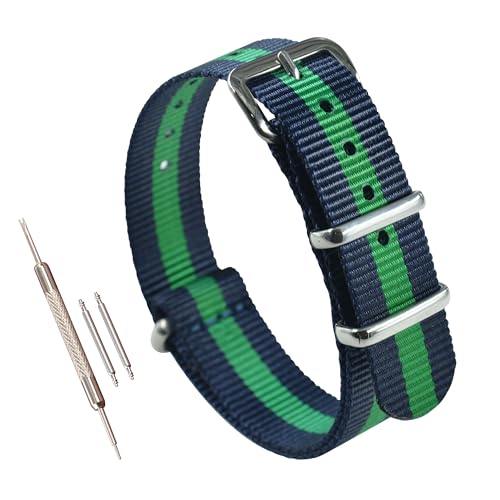 MZBUTIQ 15mm Blau/Grün/Blau Uhrenarmband Nylon Watch Strap Polished Schnalle Extra Lang Polished Schnalle von MZBUTIQ