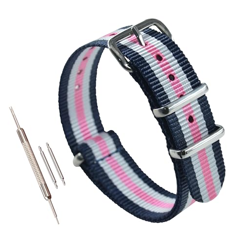 MZBUTIQ 15mm Blau/Weiß/Pink Uhrenarmband Nylon Watch Strap Band Ersatz Polished Schnalle 4 Ringe von MZBUTIQ