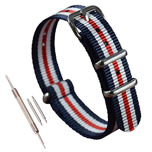 MZBUTIQ 15mm Blau/Weiß/Rot Uhrenarmband Nylon Watch Strap Band Ersatz Polished Schnalle 4 Ringe von MZBUTIQ