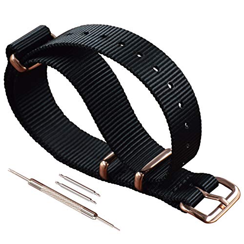 MZBUTIQ 17mm Schwarz Uhrenarmband Nylon Watch Bracelet Armband Rose Gold Schnalle von MZBUTIQ