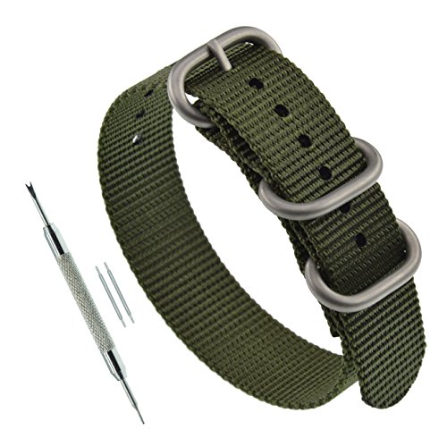 MZBUTIQ 18mm Grün Strap Uhrenarmband Ersatz Extra Lang Herren 3 Ringe Matte Silberne Schnalle von MZBUTIQ