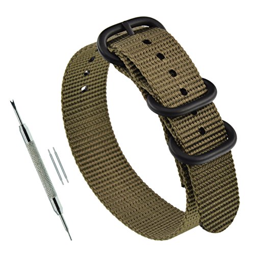 MZBUTIQ 18mm Khaki Uhrenarmband Watch Band Dickes Nylon für Herren Matte Schwarze Schnalle 3 Ringe von MZBUTIQ