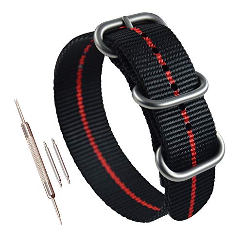 MZBUTIQ 18mm Schwarz/Rot Uhrenarmband Nylon Watch Straps Ersatz für Herren Damen Matte Silberne Schnalle von MZBUTIQ