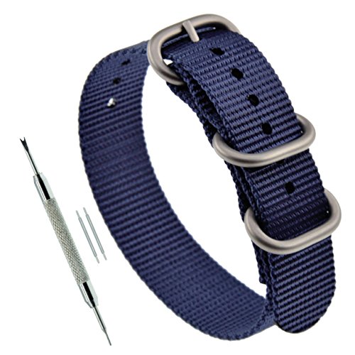 MZBUTIQ 19mm Blau Uhrenarmband Nylon Ersatz Extra Lang für Herren Matte Silberne Schnalle 3 Ringe von MZBUTIQ