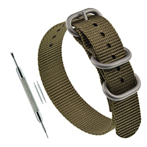 MZBUTIQ 19mm Khaki Nylon Uhrenarmband Militär Uhrband für Herren 3 Ringe Matte Silberne Schnalle von MZBUTIQ