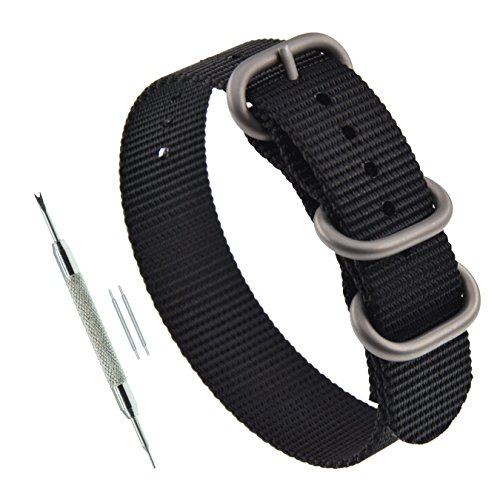 MZBUTIQ 19mm Schwarz Uhrenarmband Nylon Watch Armband für Herren Damen Matte Silberne Schnalle von MZBUTIQ