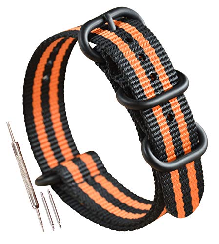 MZBUTIQ 20mm Schwarz/orange Uhrenarmband Nylon Ersatz Extra Lang für Herren Matte Schwarze Schnalle 4 Ringe von MZBUTIQ