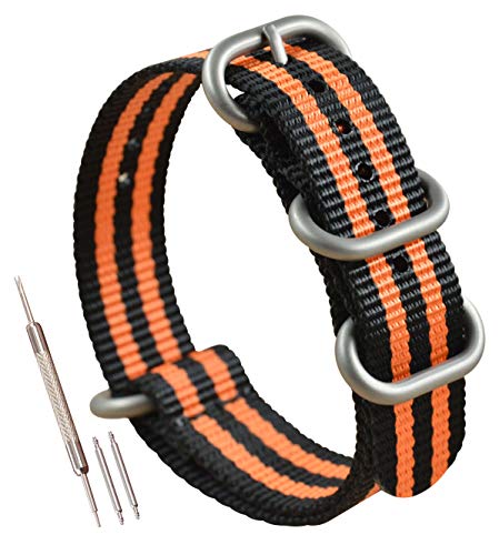 MZBUTIQ 20mm Schwarz/orange Uhrenarmband Nylon Ersatz Extra Lang für Herren Matte Silberne Schnalle 4 Ringe von MZBUTIQ