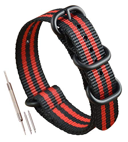 MZBUTIQ 20mm Schwarz/rot Uhrenarmband Nylon Ersatz Extra Lang für Herren Matte Schwarze Schnalle 4 Ringe von MZBUTIQ