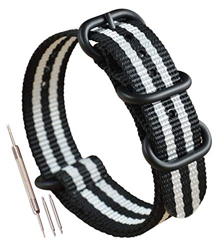 MZBUTIQ 20mm Schwarz/weiß Uhrenarmband Nylon Ersatz Extra Lang für Herren Matte Schwarze Schnalle 4 Ringe von MZBUTIQ