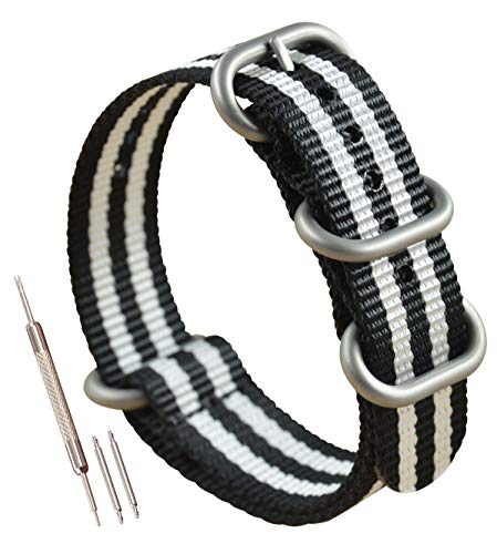 MZBUTIQ 20mm Schwarz/weiß Uhrenarmband Nylon Ersatz Extra Lang für Herren Matte Silberne Schnalle 4 Ringe von MZBUTIQ