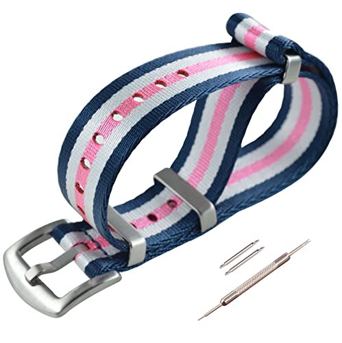 MZBUTIQ 22mm Blau/weiß/rosa Uhrenarmband Sicherheitsgurt Nylon Watch Armband für Herren Damen Gebürstete Schnalle von MZBUTIQ