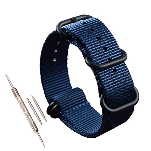 MZBUTIQ 22mm Blau Uhrenarmband Watch Band Dickes Nylon für Herren Matte Schwarze Schnalle5 Ringe von MZBUTIQ
