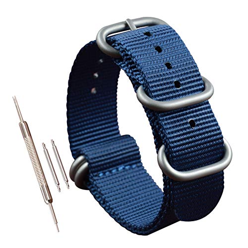 MZBUTIQ 22mm Blau Uhrenarmband Watch Band Dickes Nylon für Herren Matte Silberne Schnalle5 Ringe von MZBUTIQ