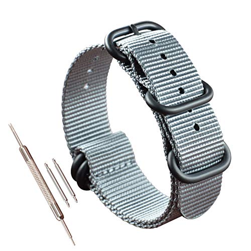 MZBUTIQ 22mm Grau Uhrenarmband Watch Band Dickes Nylon für Herren Matte Schwarze Schnalle5 Ringe von MZBUTIQ