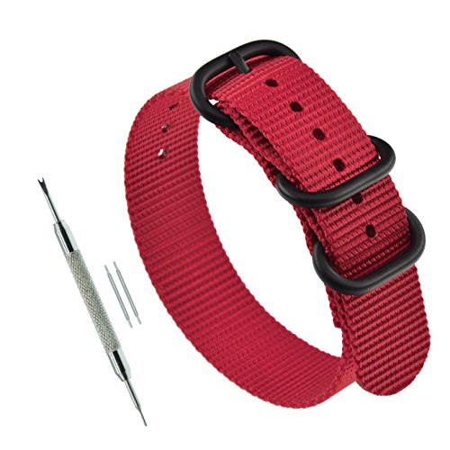 MZBUTIQ 22mm Rot Uhrenarmband Nylon Ersatz Extra Lang für Herren Matte Schwarze Schnalle 3 Ringe von MZBUTIQ