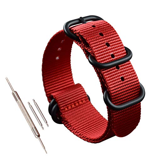 MZBUTIQ 22mm Rot Uhrenarmband Watch Band Dickes Nylon für Herren Matte Schwarze Schnalle5 Ringe von MZBUTIQ