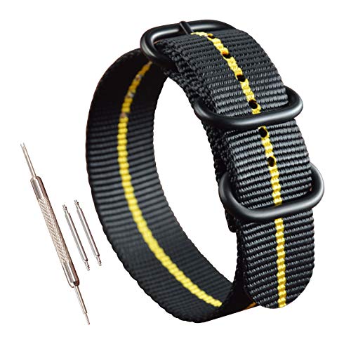 MZBUTIQ 22mm Schwarz/Gelb Uhrenarmband Watch Band Dickes Nylon für Herren Matte Schwarze Schnalle 3 Ringe von MZBUTIQ