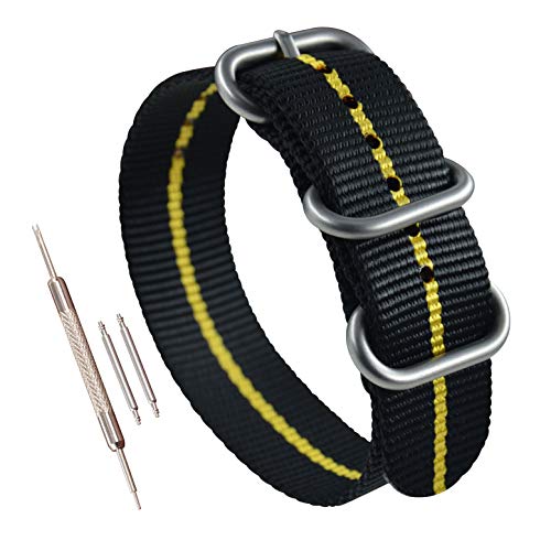 MZBUTIQ 22mm Schwarz/Gelb Uhrenarmband Watch Band Dickes Nylon für Herren Matte Silberne Schnalle 3 Ringe von MZBUTIQ