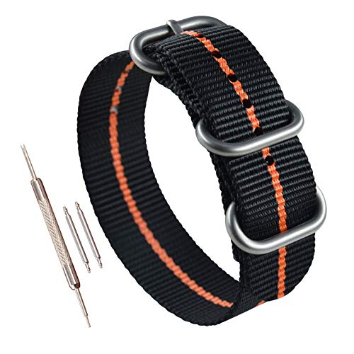 MZBUTIQ 22mm Schwarz/Orange Uhrenarmband Watch Band Dickes Nylon für Herren Matte Silberne Schnalle 3 Ringe von MZBUTIQ