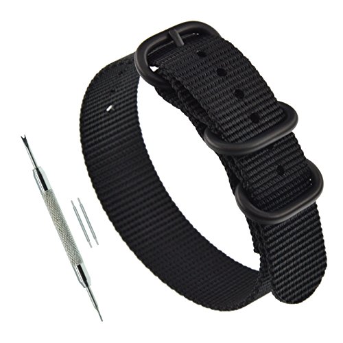 MZBUTIQ 22mm Schwarz Uhrenarmband Watch Band Dickes Nylon für Herren Matte Schwarze Schnalle 3 Ringe von MZBUTIQ