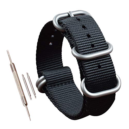 MZBUTIQ 22mm Schwarz Uhrenarmband Watch Band Dickes Nylon für Herren Matte Silberne Schnalle5 Ringe von MZBUTIQ