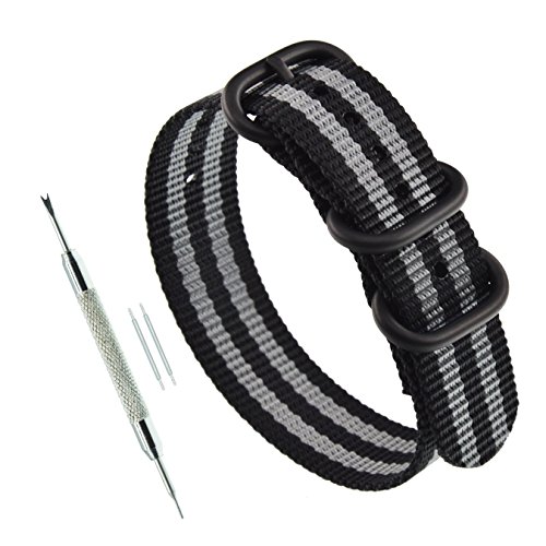 MZBUTIQ 23mm Schwarz/grau Uhrenarmband Watch Band Dickes Nylon für Herren Matte Schwarze Schnalle 3 Ringe von MZBUTIQ