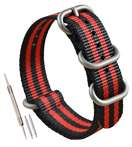 MZBUTIQ 23mm Schwarz/rot Uhrenarmband Nylon Watch Bracelet Armband Herren Matte Silberne Schnalle von MZBUTIQ