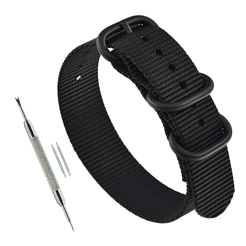 MZBUTIQ 24mm Schwarz Militär Nylon Uhrenarmband Uhrband für Herren Matte Schwarze Schnalle 3 Ringe von MZBUTIQ