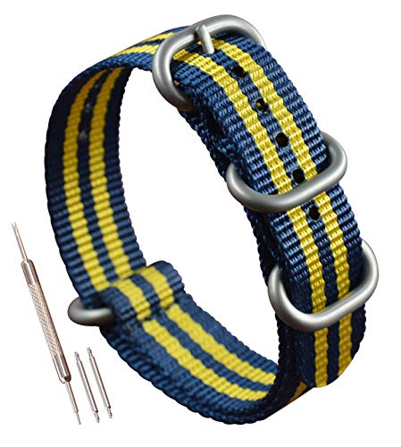 MZBUTIQ 26mm Blau/gelb Militär Nylon Uhrenarmband Uhrband für Herren Matte Silberne Schnalle 4 Ringe von MZBUTIQ