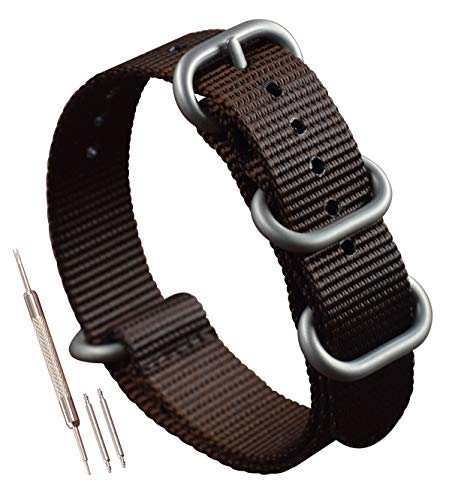 MZBUTIQ 26mm Braun Uhrenarmband Watch Band Dickes Nylon für Herren Matte Silberne Schnalle 4 Ringe von MZBUTIQ