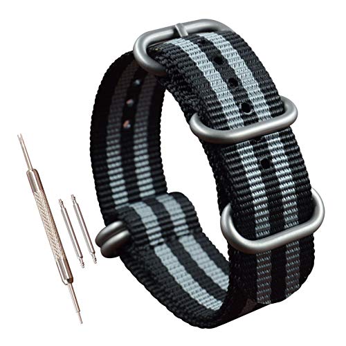 MZBUTIQ 28mm Schwarz/Grau Uhrenarmband Nylon Ersatz Extra Lang für Herren Matte Silberne Schnalle 5 Ringe von MZBUTIQ