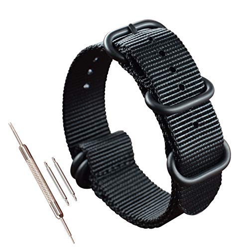 MZBUTIQ 28mm Schwarz Uhrenarmband Nylon Ersatz Extra Lang für Herren Matte Schwarze Schnalle 5 Ringe von MZBUTIQ