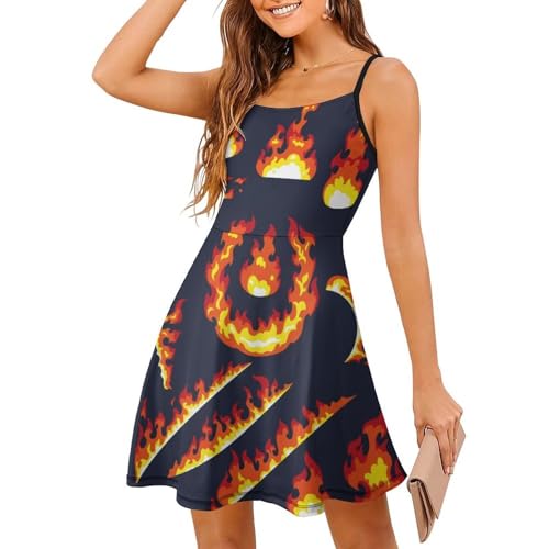 Feuer Damen Ärmellos Sommerkleid Minikleid Spaghettiträger Kurz Kleid Cami Mini Swing Dress von MZGFAQ