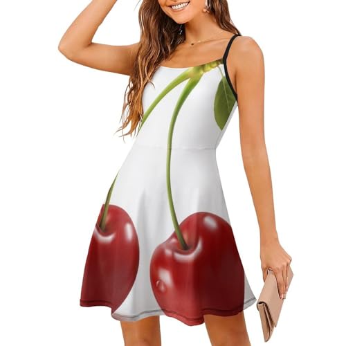 Kirsche Damen Ärmellos Sommerkleid Minikleid Spaghettiträger Kurz Kleid Cami Mini Swing Dress von MZGFAQ