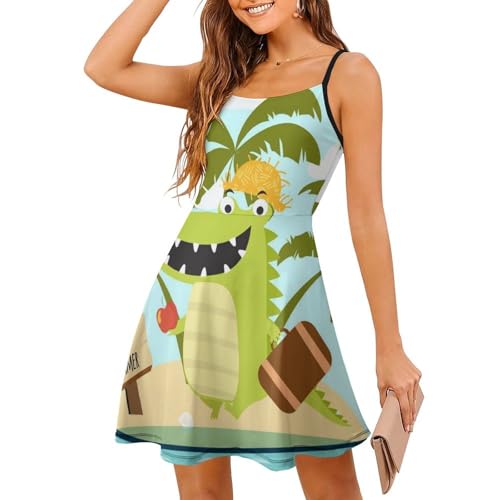 Krokodil Damen Ärmellos Sommerkleid Minikleid Spaghettiträger Kurz Kleid Cami Mini Swing Dress von MZGFAQ