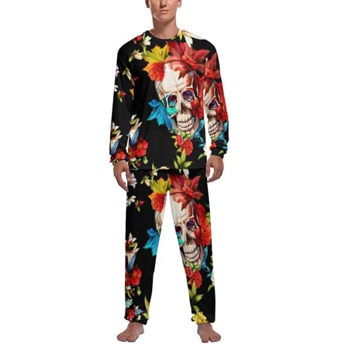 MZGFAQ Bunter Totenkopf Herren Schlafanzug Lang Pyjama Set Nightwear Langarm Nachtwäsche Sleepwear von MZGFAQ
