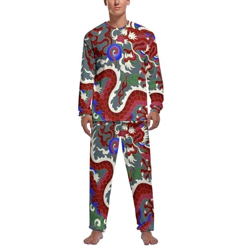MZGFAQ Chinesischer Drache Herren Schlafanzug Lang Pyjama Set Nightwear Langarm Nachtwäsche Sleepwear von MZGFAQ
